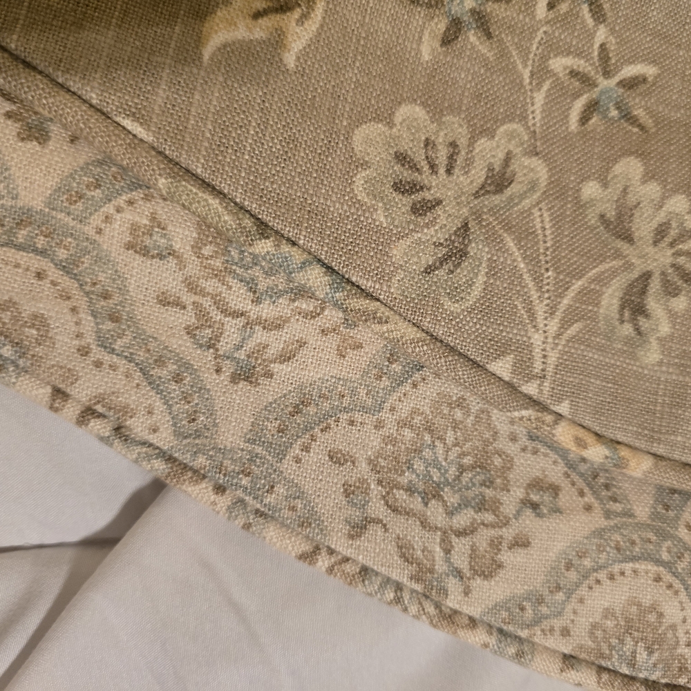 Two Beige Floral Border Curtain Valances with Soft Blue Accents